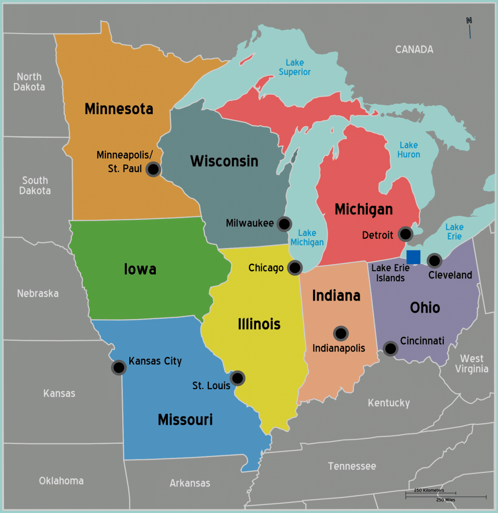 carte Detroit dans le Michigan et Etats americains voisins