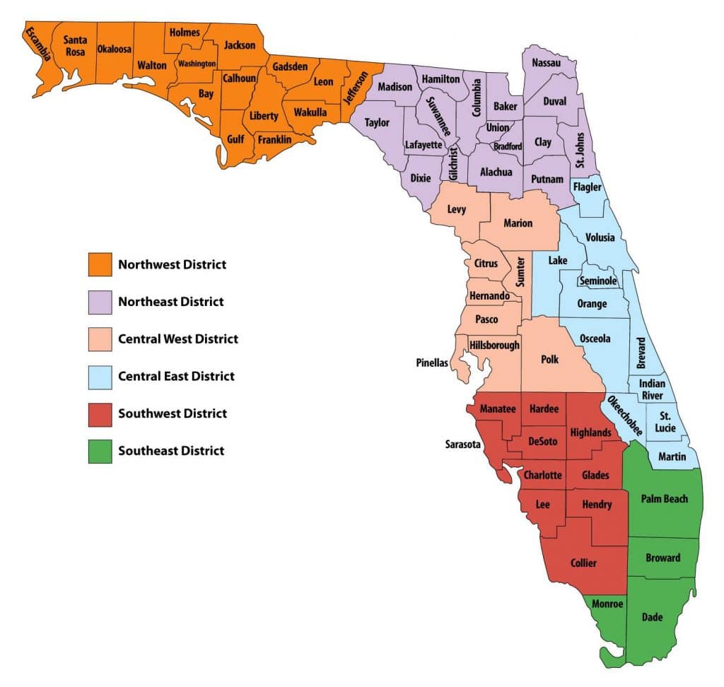 carte des comtés de Floride dans les trois zones nord, sud et centrale.