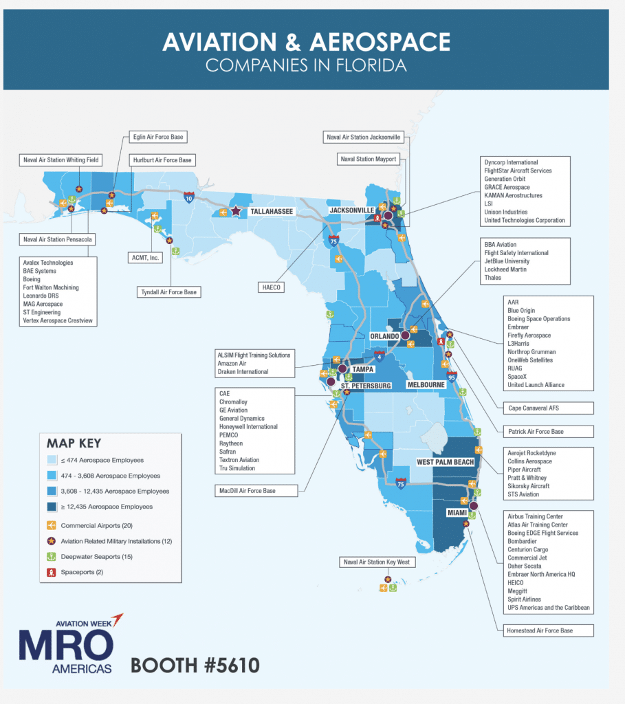 carte de l'industrie de l'aviation et de l'aérospatiale en Floride