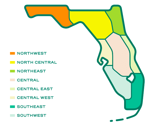 Les régions de Floride, Floride du nord, Floride centrale et Sud de la Floride