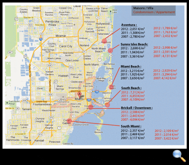 prix de l'immobilier a miami de 2007 a 2012 par quartier