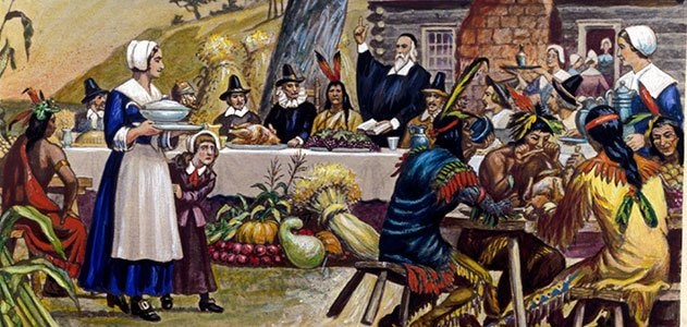 Premier repas de Thanksgiving entre les colons américains et les indiens d’Amérique.